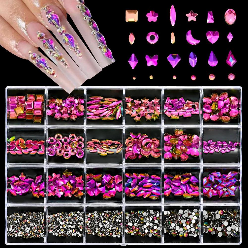 Nail Decoration Set with 1 Boxes 240Pcs Nail Art 3D Rhinestones Big Mix Sizes 3D Crystal Diamonds Metal Charms Gems Stones ,M(1)