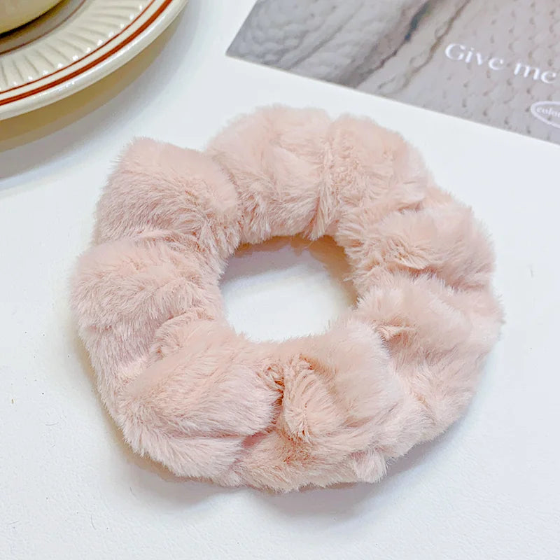 Solid Soft Plush Wide Hair Band For Women Girls Ponytail Holder Hair Tie Fluffy Rubber Band Scrunchie Fashion Hair Accessories