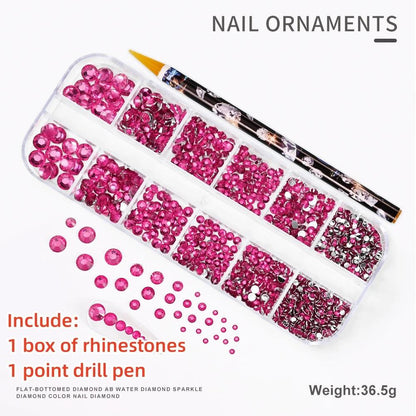 12Gird 3D Glass AB Crystal Nail Art Rhinestones Kit Flatback Round Bead Charm Gem Stones Jewelry Diamond with Tools for Nail Art