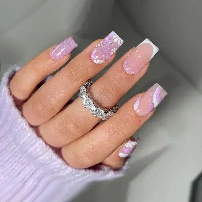 24Pcs Short Square Coffin False Nails Square Fake Nails with Glue French Glitter Wearable Acrylic Nails Set Press on Nail Tips