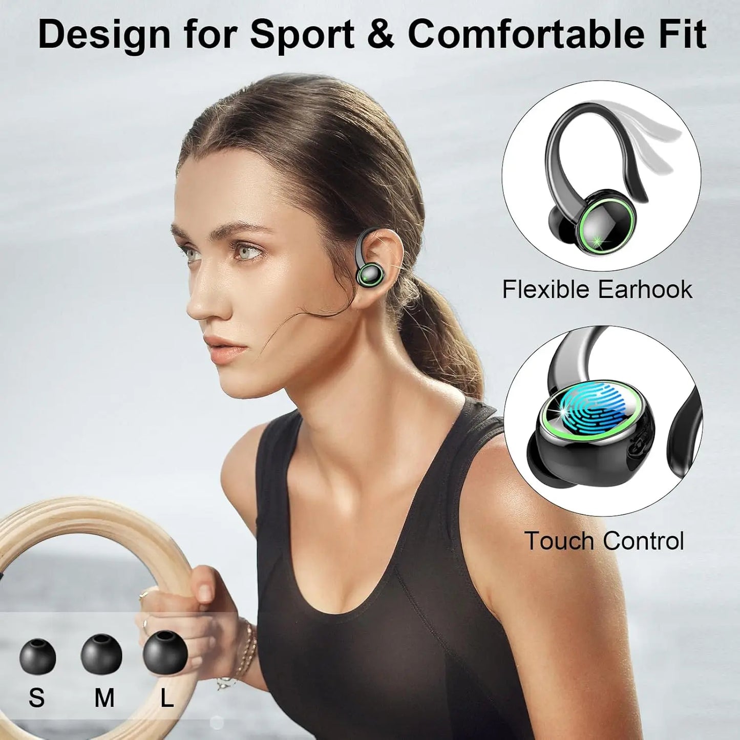 Wireless Noise Canceling Earbuds, Bluetooth 5.3 Earphones,Stereo Headphones, Sport Ear buds with Earhooks, for Sport,Running,Gym