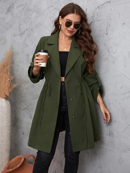 GIBSIE Plus Size Solid Notched Neck Trench Coat For Women 2023 Spring Fall Casual Drawstring Waist Female Buttons Long Coats