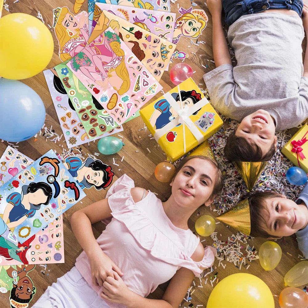 8/16Sheets Disney Princess Children Puzzle Stickers Games Make a Face Funny DIY Assemble Jigsaw Craft Sticker Kids Education Toy