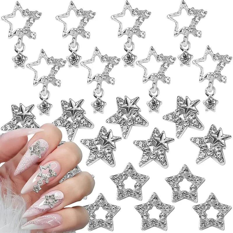 30Pcs Pink Nail Charms Alloy Rhinestones 3D Star Butterfly Heart Cross Gem Nails Crystal Diamond Nail Art Decoration Accessories