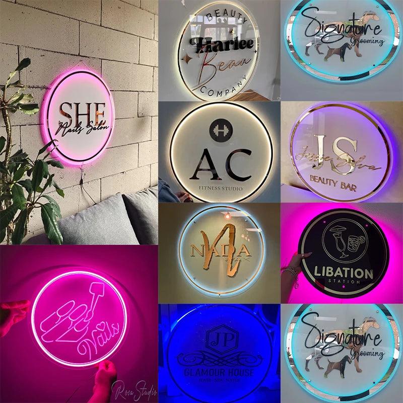 Custom Acrylic Business Sign LED  Square Round Business Neon Lights Logo Sign Plaque Neon Circle Name 3D Company Shop Wall Art