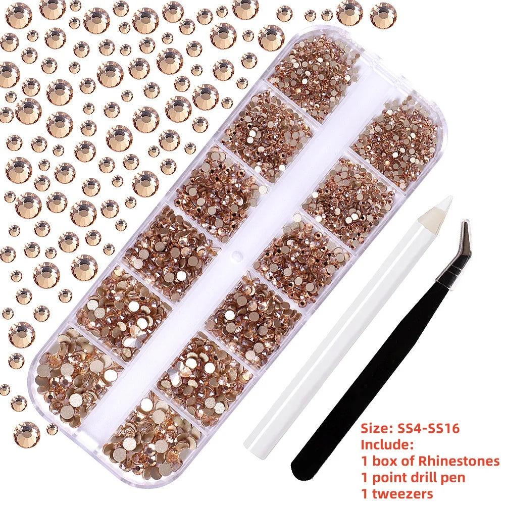 12Gird 3D Glass AB Crystal Nail Art Rhinestones Kit Flatback Round Bead Charm Gem Stones Jewelry Diamond with Tools for Nail Art