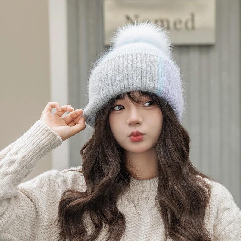 2024 New Rabbit Fur Beanies Soft Warm Fluffy fur pompom Winter Hat for Women Angora Knitted Hat Skullies Female Bonnet Knit Cap