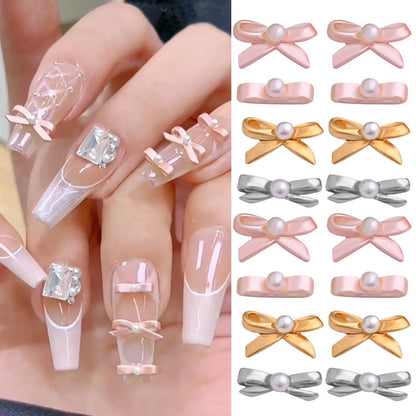 10PCS Ballet Dance Shoes Alloy Nail Charms Pink Kawaii Ribbon Pearl Bow Nail Jewelry French UV Polish Ballet Bows Manicure Parts