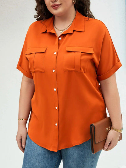 Plus Size Casual Blouse, Women's Plus Solid Roll Up Short Sleeve Turn Down Collar Button Up Shirt Top With Flap Pockets