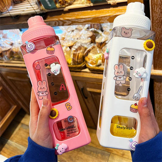 Kawaii Water Bottle With Straw 3D Cute Bear Sticker Bpa Free Plastic Square Sippy Cup Poratable Drinkware 700ml