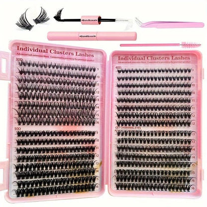 640Pcs Eyelash Extension Kit 304050D Lash Clusters D Curl 9-16mm Individual Lashes Kit with Bond and Seal, Tweezers and Brush