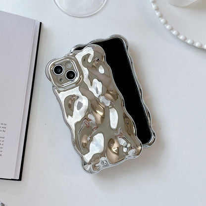 Wavy 3D Meteorite Texture Plating Silver Phone Back Case For iPhone 15 14 13 12 11 Pro Max Cover Camera Lens Protective Cover