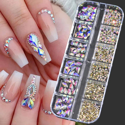 12Gird 3D Glass AB Crystal Nail Art Rhinestones Kit Flatback Round Bead Charm Gem Stones Jewelry Diamond with Tools for Nail Art