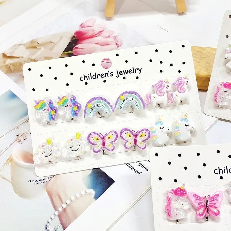 Rainbow Unicorn Butterfly Non Piercing Clip on Earring for Kids Girls Children Christmas Gift 6PRS/SET