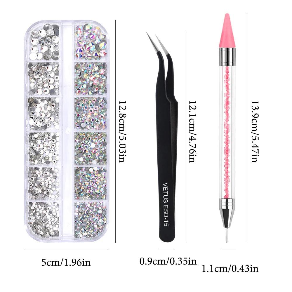 Multi-Size Nail Rhinestones 3D Crystal AB Diamonds Gems Makeup Beauty Nail Art Decorations With Picker Dotting Pen Tweezers Set