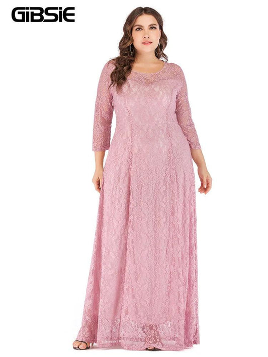 GIBSIE 6XL 5XL 4XL Plus Size Elegant Lace Dress Women O-Neck 3/4 Sleeve Long Maxi Dresses Ladies Prom Evening Party Dress