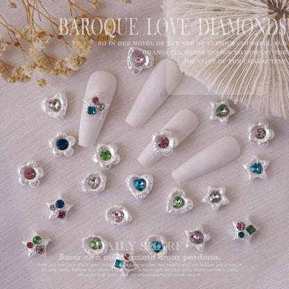 20Pcs Retro Baroque Love Nail Art Charms 3D Glitter White Pearl Inlaid Gem Pentagram Nail Rhinestone Luxury DIY Nail Accessories