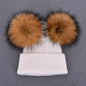 Double Real Raccoon Fur Pompom Hat Women Winter Caps Knitted Wool Hats Skullies Beanies Girls Female Two Fur Pom Pom Beanie Hat