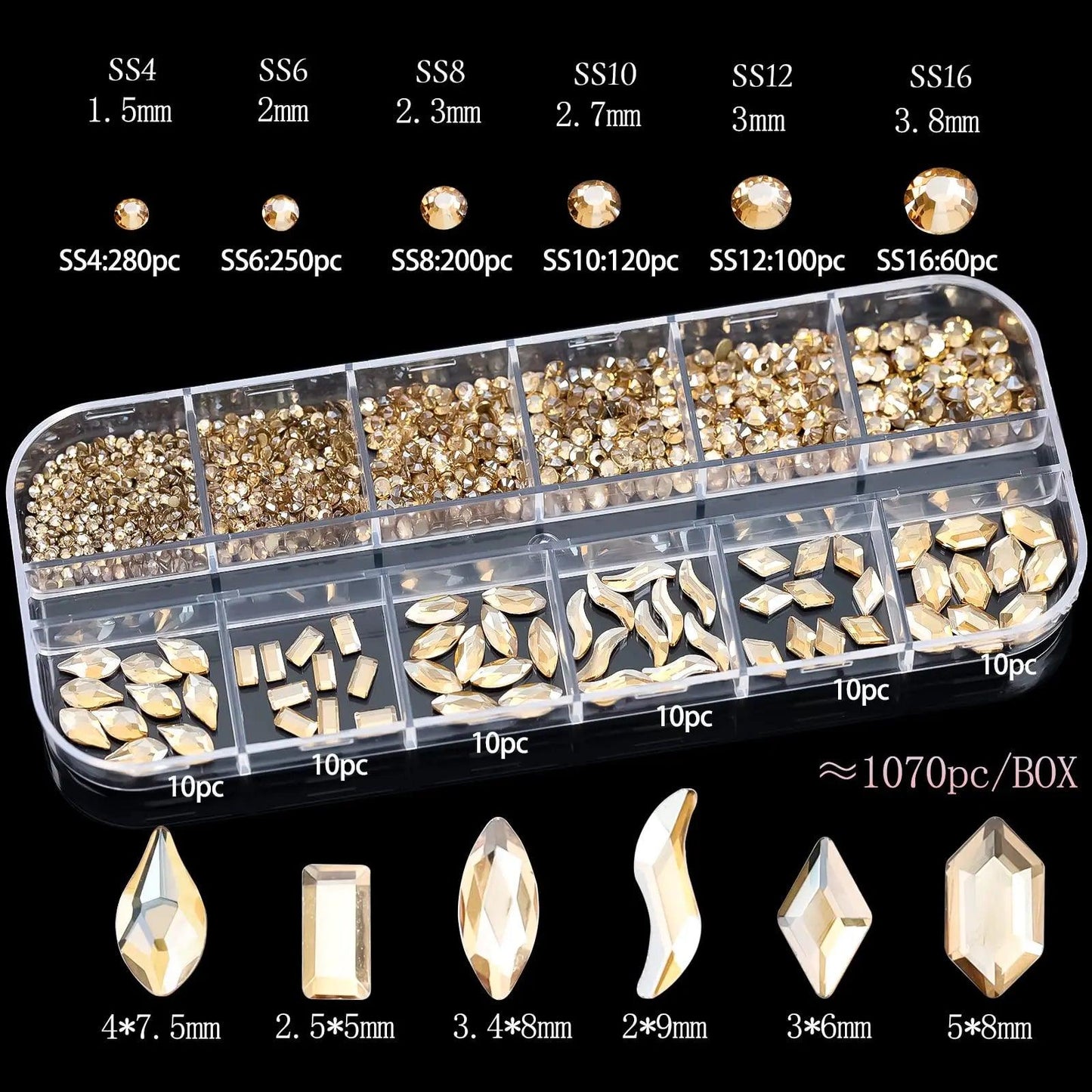 2025#Boxed Champagne Gold Nail Rhinestone 12 Grids Multi-Shaped Flat Back Gemstones 3D Flat-Back Gold Rhinestone Decoration &* - HighGloss Shop