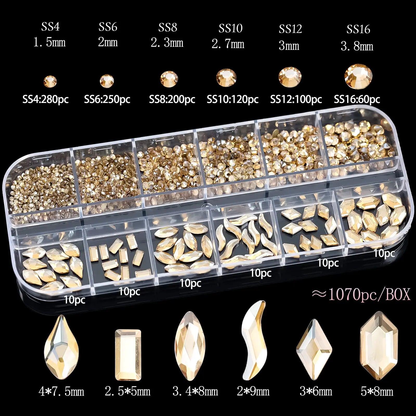 2025#Boxed Champagne Gold Nail Rhinestone 12 Grids Multi-Shaped Flat Back Gemstones 3D Flat-Back Gold Rhinestone Decoration &* - HighGloss Shop