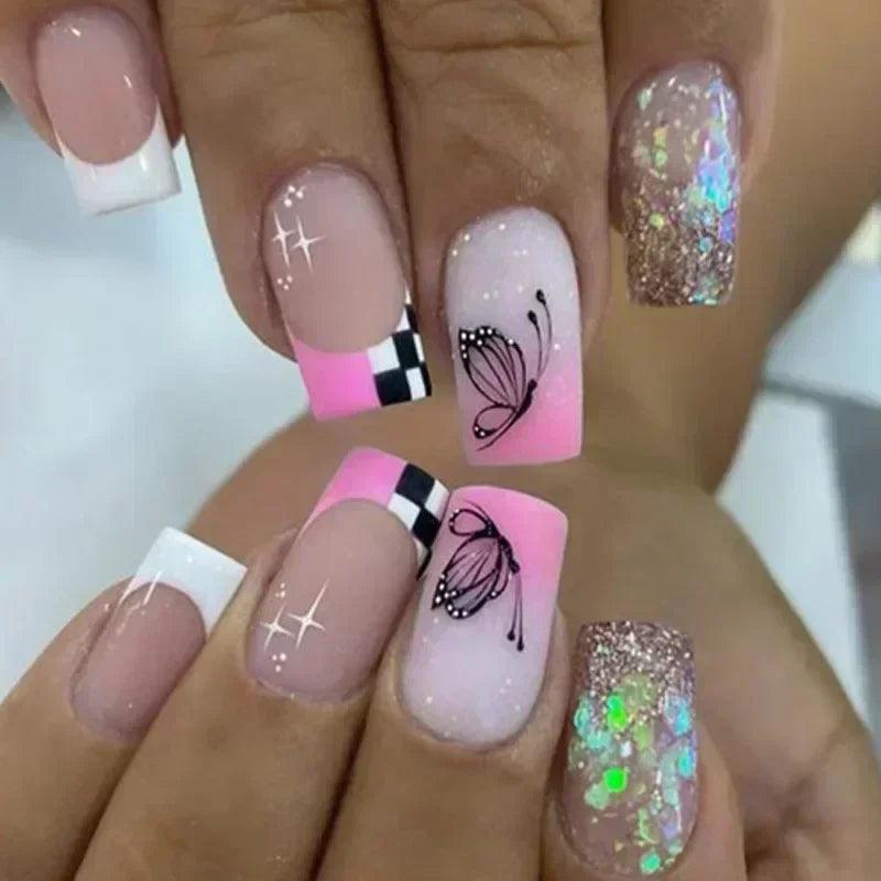 24Pcs Short Square Coffin False Nails Square Fake Nails with Glue French Glitter Wearable Acrylic Nails Set Press on Nail Tips