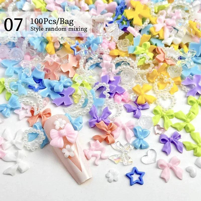 1Bag Mix Colorful Jelly Clear Ribbon Bowknot Nail Charms Heart Pearls Flower Flat-back Gems Parts Nail Art Manicure Decorations