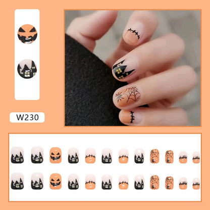 24pc/set Fashion Almond Press On Nails Art Halloween Black Ghost Design Fake Nail Pumpkin Castle Pattern Glossy False Nails Tips