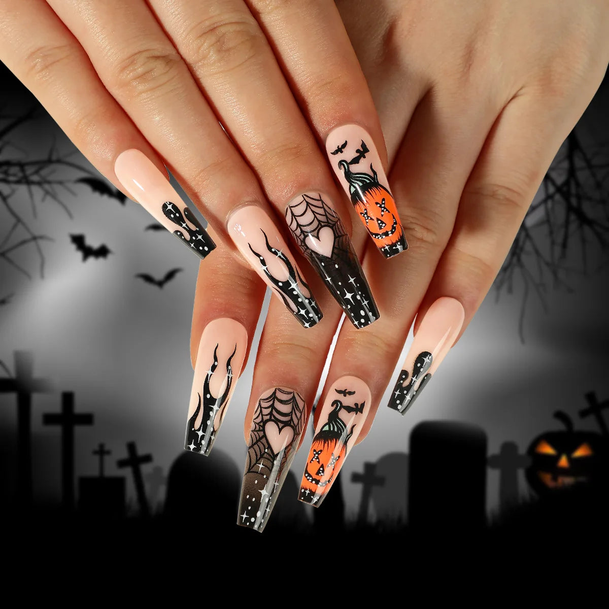 24P/Set Halloween Fake Nails Art Ghost Face Pumpkin Spooky Designer Girls Party Press on Nail Tips Wearable Stick on Nails False