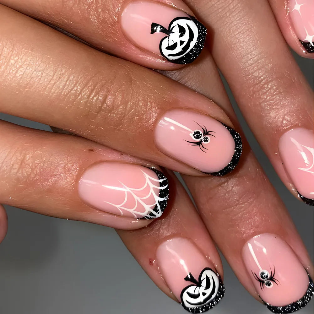 24Pcs Halloween Short Fake Nails with Pumpkin Spider Design Cartoon Nail Art Cute French Full Cover Press on Nail Tips for Girls