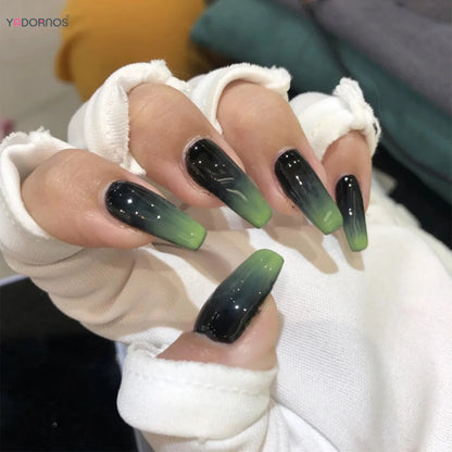 Black Green Long Coffin False Nails Gradient Color Press on Nails Full Cover Ballet Fake Nails Tips for Women Girls DIY Manicure