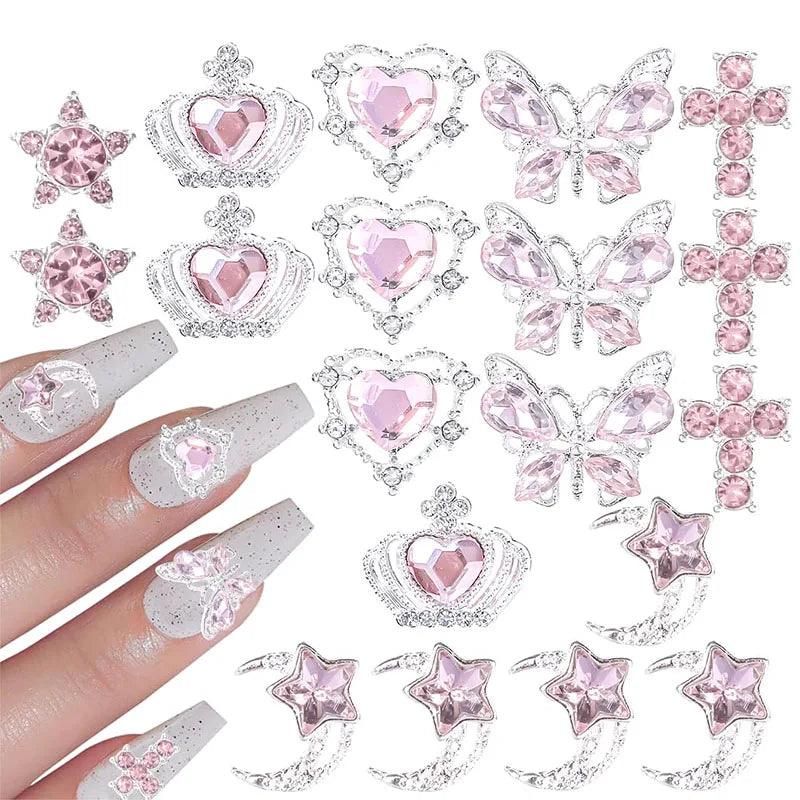 30Pcs Pink Nail Charms Alloy Rhinestones 3D Star Butterfly Heart Cross Gem Nails Crystal Diamond Nail Art Decoration Accessories