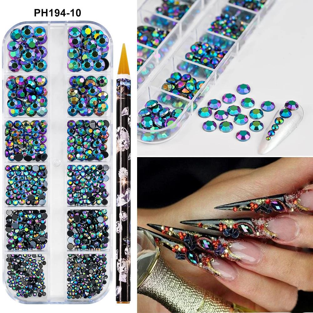 12Grids SS6-SS30 Mixed Nail Rhinestones Clear/Gold/AB Diamond Nail Gems  Flat-back Glass Stones Nail Charms with Wax Pen Picker