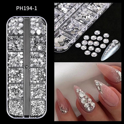 12Gird 3D Glass AB Crystal Nail Art Rhinestones Kit Flatback Round Bead Charm Gem Stones Jewelry Diamond with Tools for Nail Art