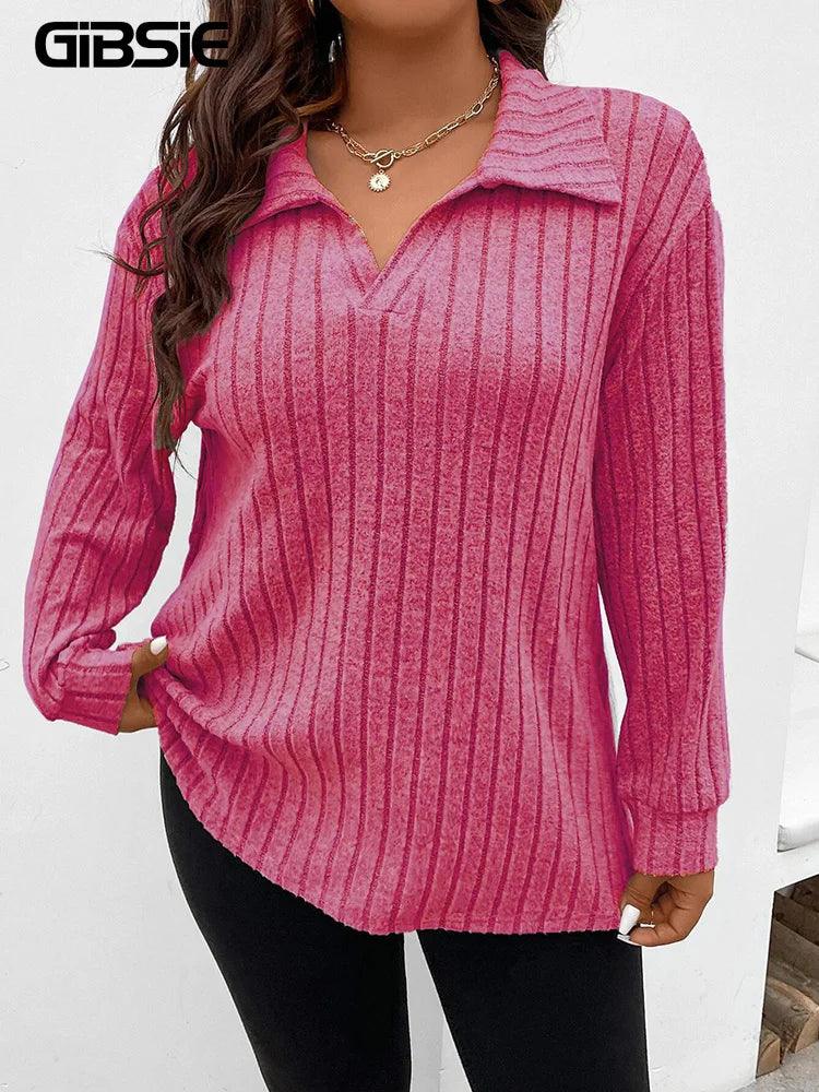 GIBSIE Plus Size Tshirt for Women Spring Fall Polo Collar Long Sleeve T-Shirt Female Casual Ribbed Knit Solid Tee Tops 2023