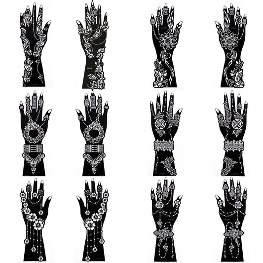 12 Sheet/Lot Henna Tattoo Stencils Kit Stencil, Large Hand Flower Airbrush Mehndi Indian Tattoo Templates Stencil for Hand Paint