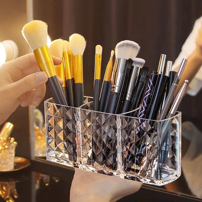 1Pcs Clear Acrylic Triple Grid Makeup Brush Holder Desk Cosmetic Organiser Lipstick Storage Box Bathroom Display Stand Diamond