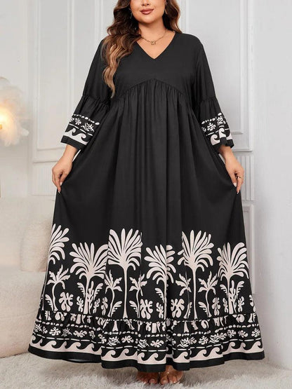 GIBSIE Plus Size Black 3/4 Flare Sleeve Loose Dress Women Spring Fall V-neck Printing Loose Casual Swing A-line Long Dress 2024