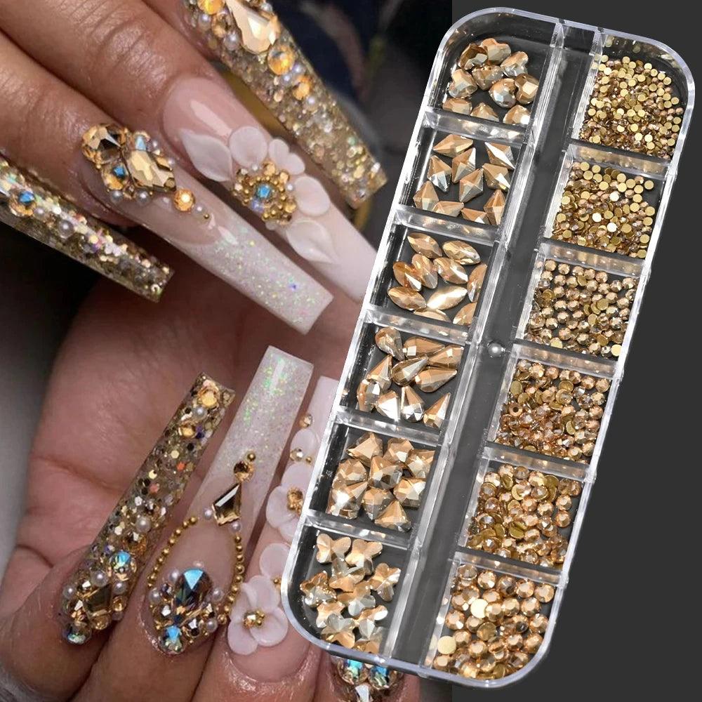 2025#Boxed Champagne Gold Nail Rhinestone 12 Grids Multi-Shaped Flat Back Gemstones 3D Flat-Back Gold Rhinestone Decoration &* - HighGloss Shop