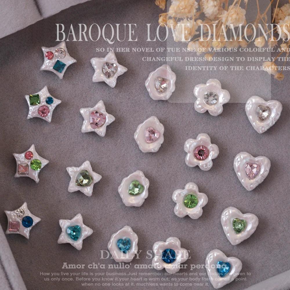 20Pcs Retro Baroque Love Nail Art Charms 3D Glitter White Pearl Inlaid Gem Pentagram Nail Rhinestone Luxury DIY Nail Accessories