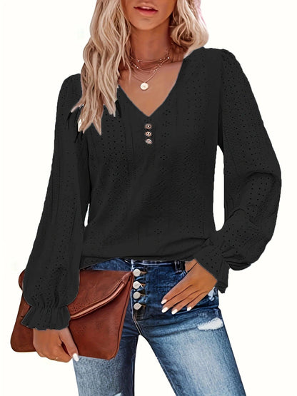 Plus Size Eyelet Button Decor T-Shirt Casual V Neck Long Sleeve Top For Spring & Fall Women's Plus Size Clothing