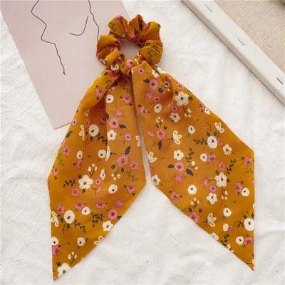 Floral Print Bow Satin Long Ribbon Ponytail Scarf Hair Tie Scrunchies Women Girls Elastic Hair Bands Hair Accessories