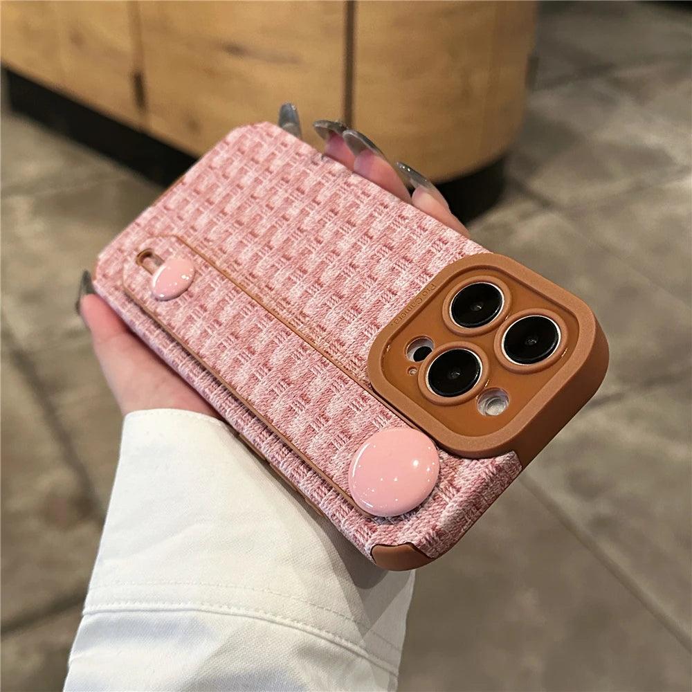 Luxury Weave Pattern Wrist Strap Holder Stand Case For iPhone 15 Pro Max 14 13 12 11 Silicone Camera Protection Shockproof Cover