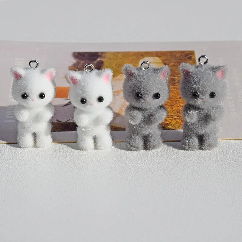 Kawaii 3D Fluffy Flocking Cat Animal Charms Miniature Dolls Keychain Necklace Pendant DIY Crafts Jewelry Make