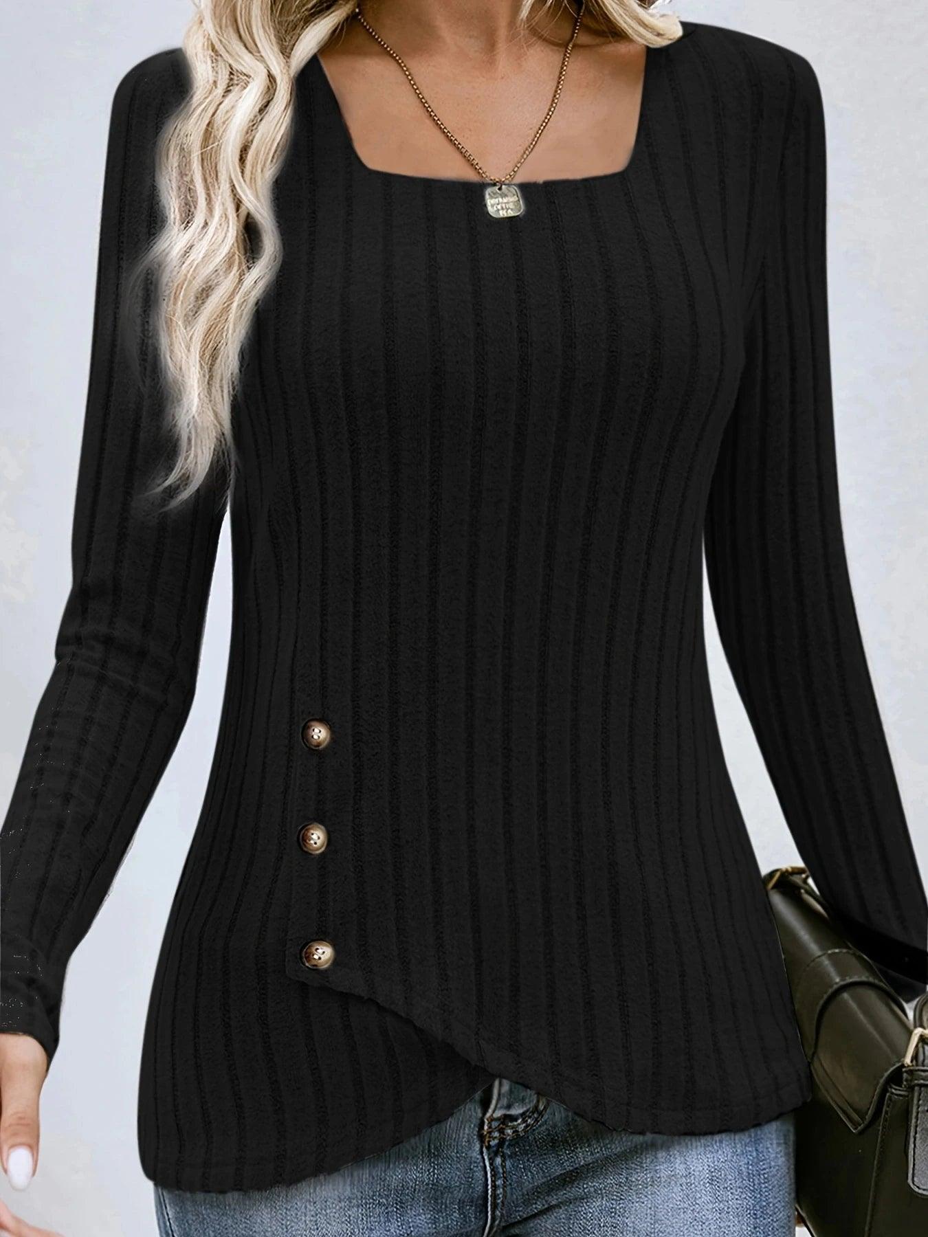 Square Neck Solid Ribbed Button DecorT-Shirt, Casual Long Sleeve Top For Spring & Fall, Women's Clothing