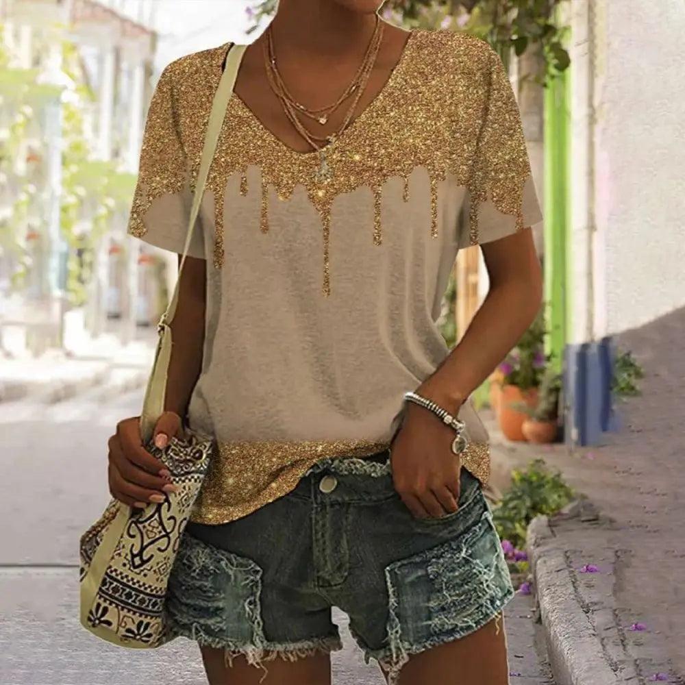 New Summer Breathable T-Shirt 3D Gold Glitter Sequin Printed V Neck Shirt Tops Women Street Luxury Oversized Tops Short Sleeve