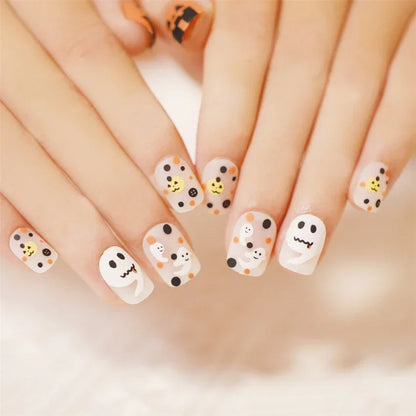 24pcs Artificial Acrylic Nail Art Fake Nails Full Coverage Removable Press on Nails Halloween Pumpkin Skull Moon False Nail Tip