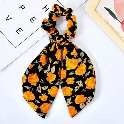 Floral Print Bow Satin Long Ribbon Ponytail Scarf Hair Tie Scrunchies Women Girls Elastic Hair Bands Hair Accessories