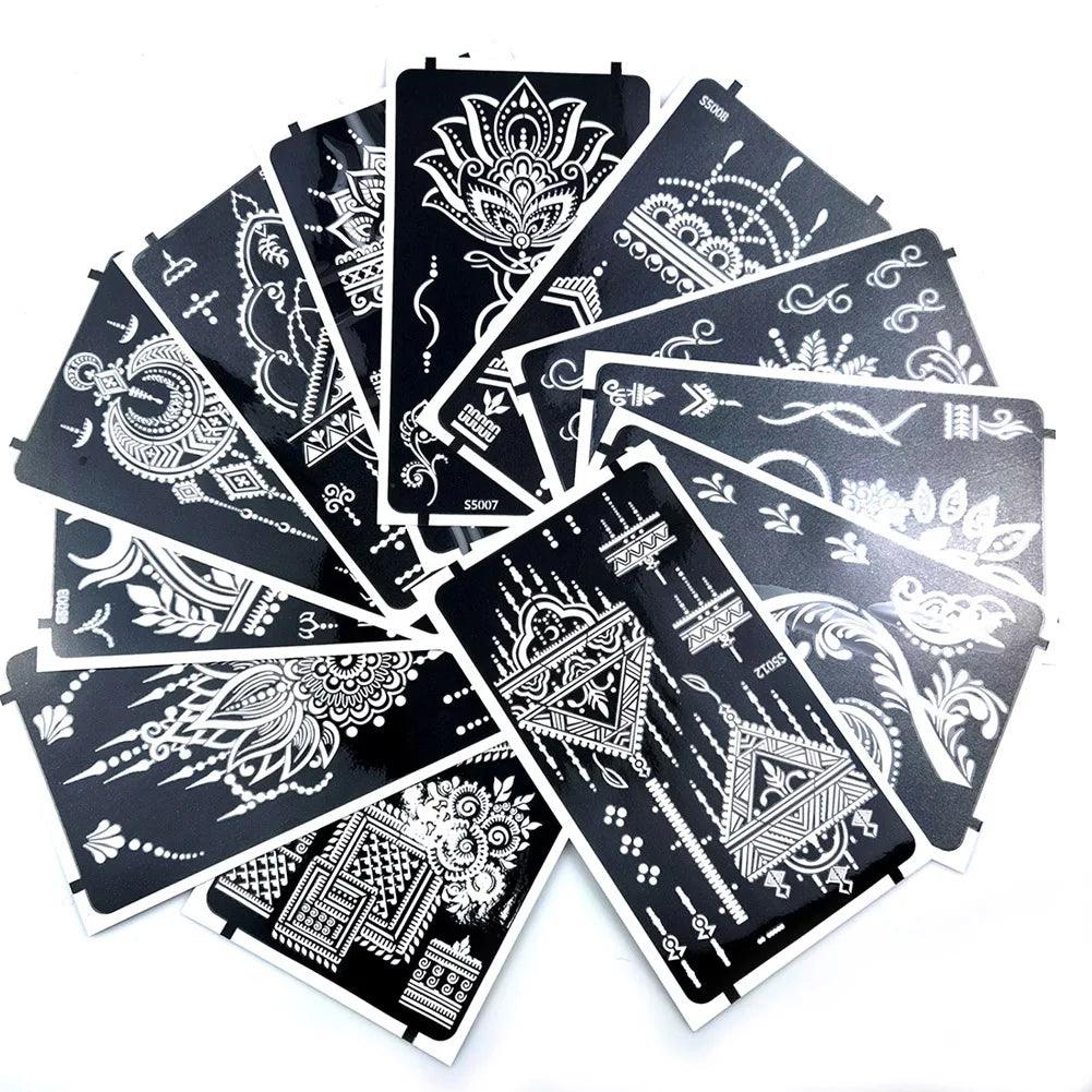 12 Sheets Henna Stencil Temporary Tattoo Sticker Airbrush India Flower Body Art Template for Wedding Party