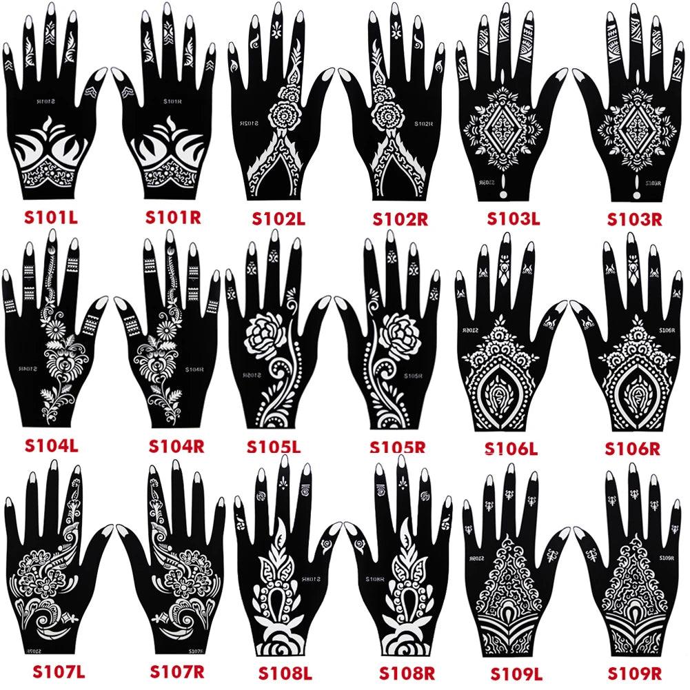 20pcs/Lot Large Mehndi Henna Tattoo Stencils Kit Flower Glitter Airbrush Indian Henna Templates Stencil for Hand Painting