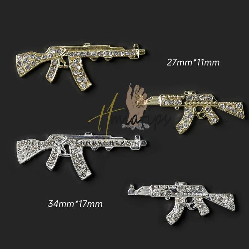 10Pcs Zircon Luxury Gun Nail Charms With Silver/Gold Glitter Nail Art Alloy 3D Nail Decorations DIY Design Gem Jewelry